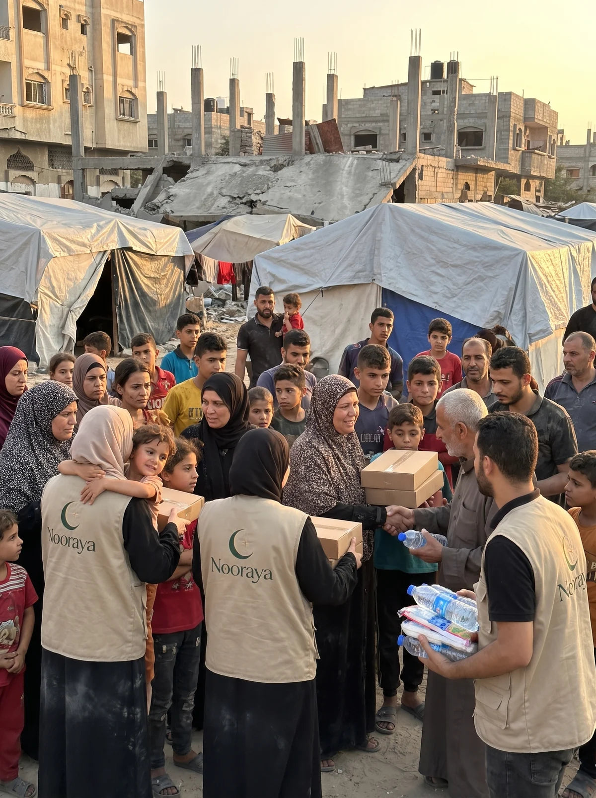 Nooraya volunteers sharing supplies with a community in Gaza