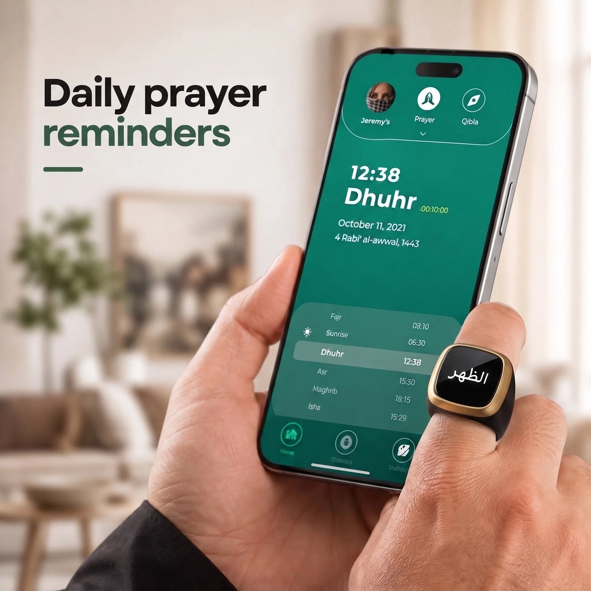 Smart Zikr Ring worn on finger during dhikr