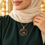 Gold and black Islamic glass medallion necklace lifestyle