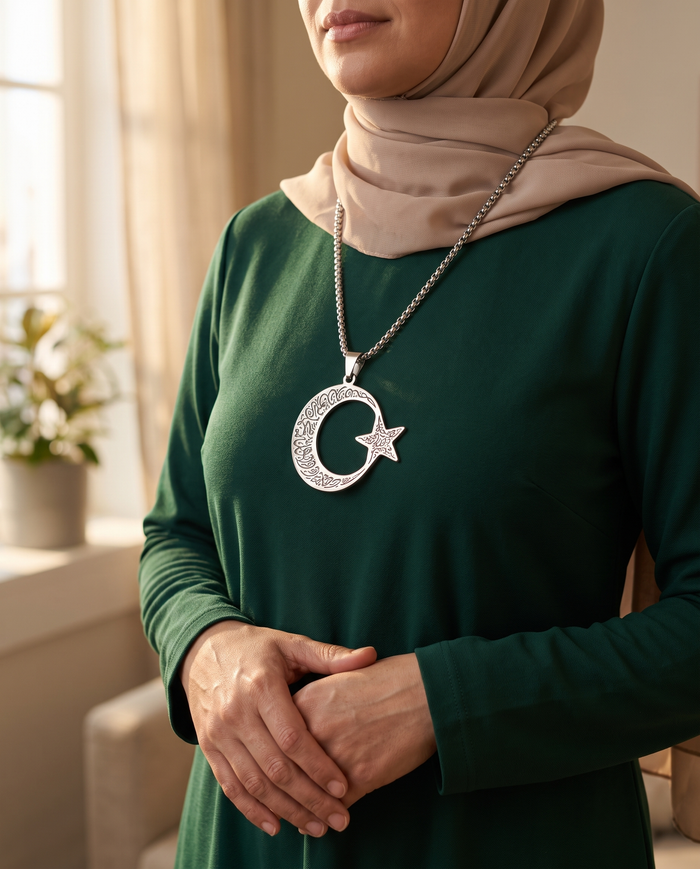 Crescent and star Quran necklace worn with a modest dress