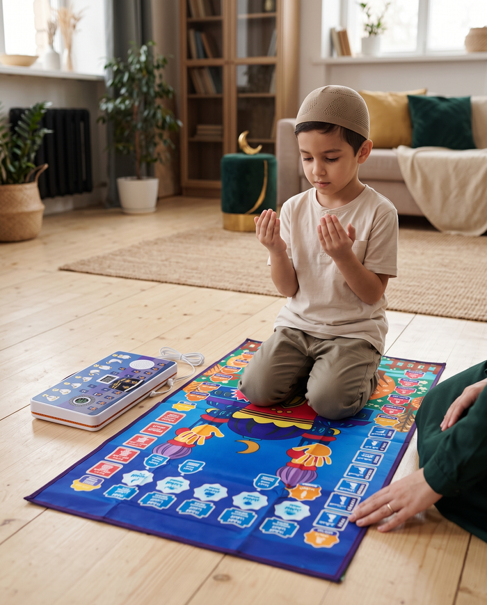 Child using the Nooraya interactive prayer mat at home