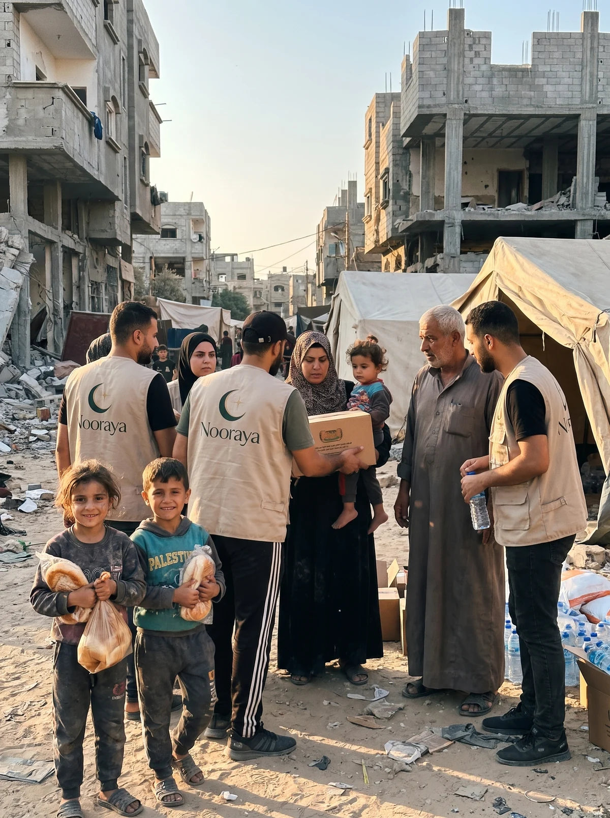 Children holding bread beside Nooraya volunteers distributing supplies