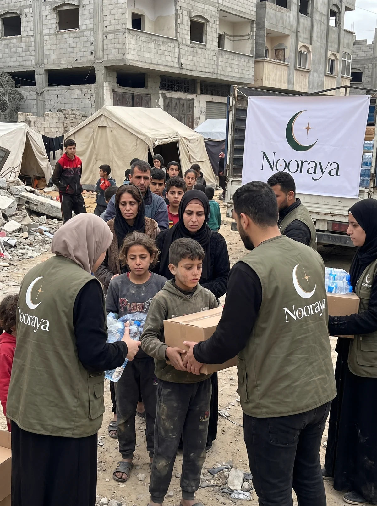 A Nooraya volunteer handing a food box to a child and family