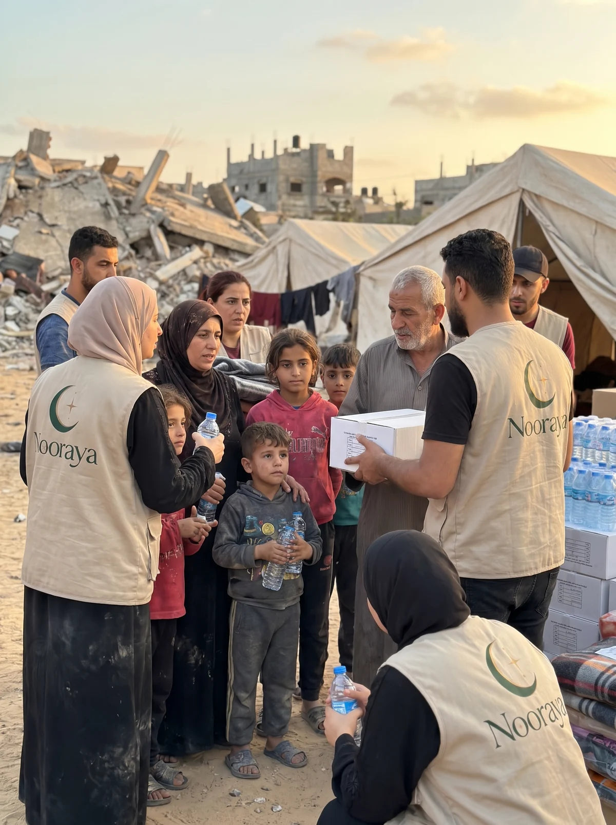 Nooraya volunteers distributing water and essential supplies