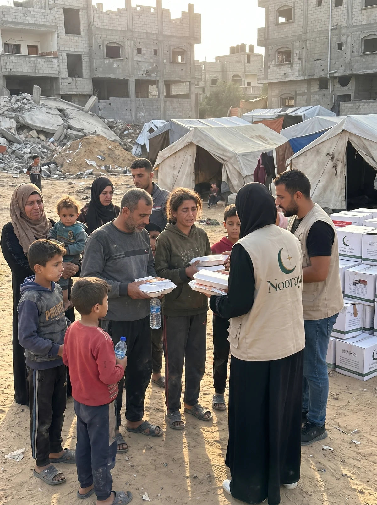 Nooraya volunteers handing prepared meals to families